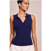 Navy Sleeveless Wide Rib Polo Top, Blue | PrettyLittleThing UK