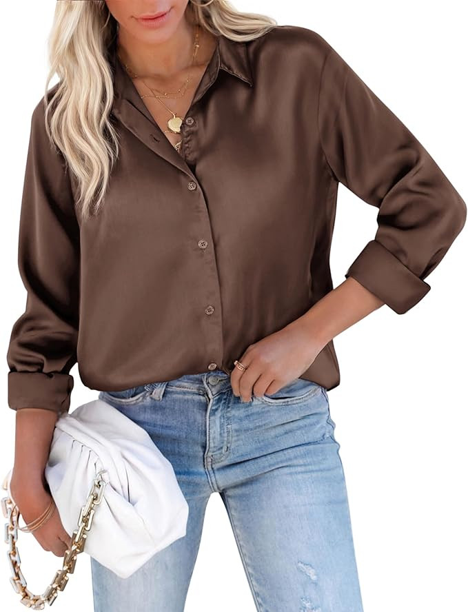 siliteelon Button Down Shirts For Womn Satin Women Blouse Silk Long Sleeve Dress Shirt Business T... | Amazon (US)