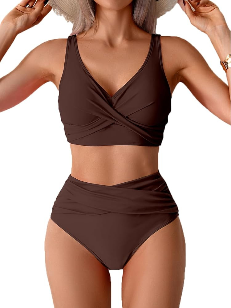 Fanuerg Women High Waisted Bikini Sets V Neck Cross Twist Front Two Piece Swimsuit Tummy Control ... | Amazon (US)