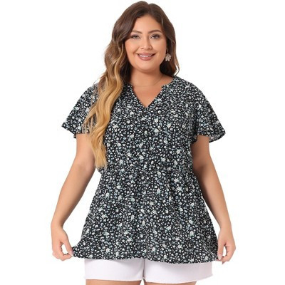 Agnes Orinda Women's Plus Size Floral Print Notch Neck Short Sleeve Elastic Waist Peplum Casual Chiffon Blouses 4X Black White | Target