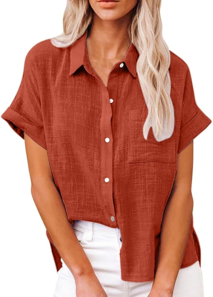 Women's Linen Button-Down Shirts​ Cotton Blouses Short Sleeves Blouses Shirts V-Neck Tunic Summ... | Amazon (US)