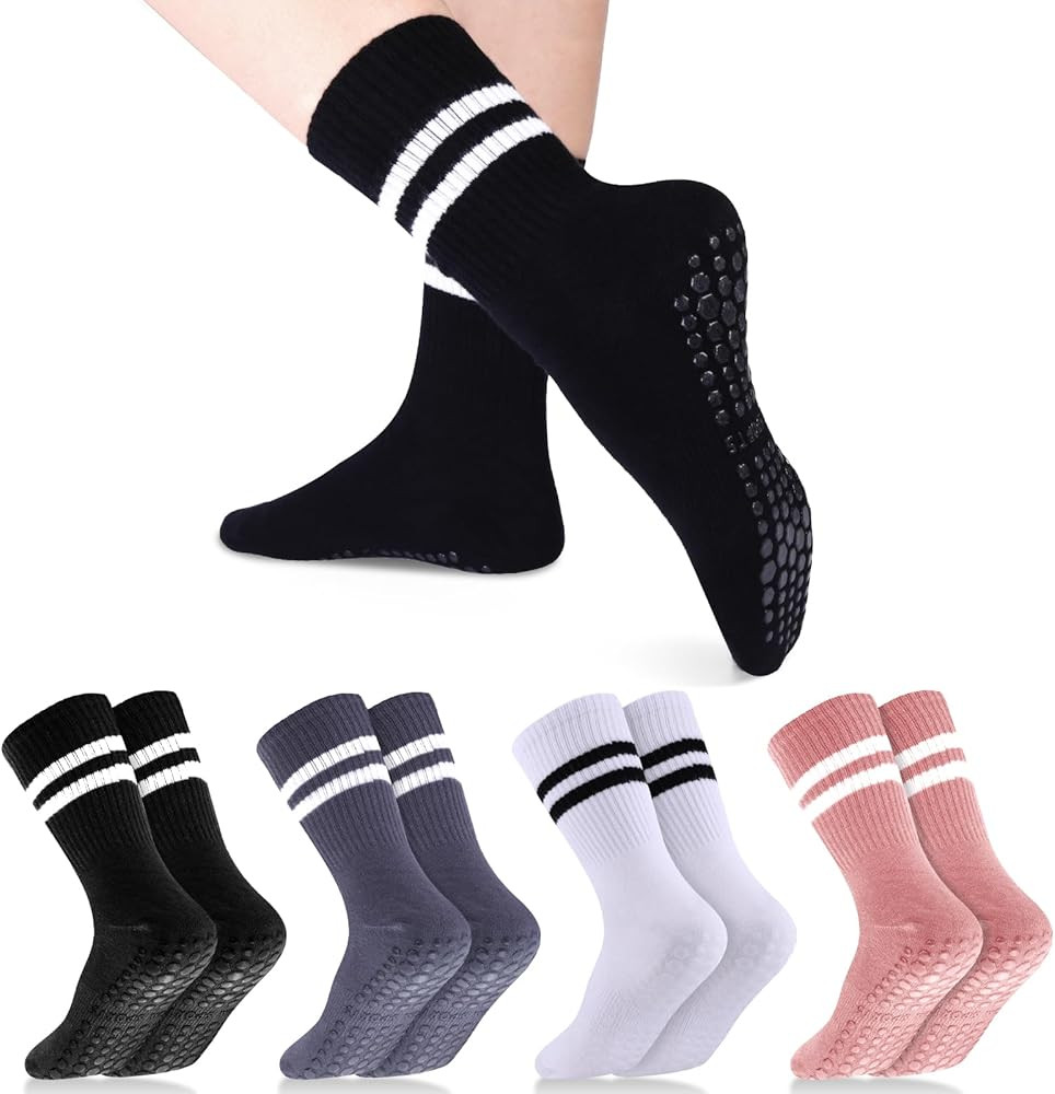 4 Pairs Pilates Grippy Socks for Women, Long Non Slip Yoga Socks with Grips Crew Socks for Pilate... | Amazon (US)