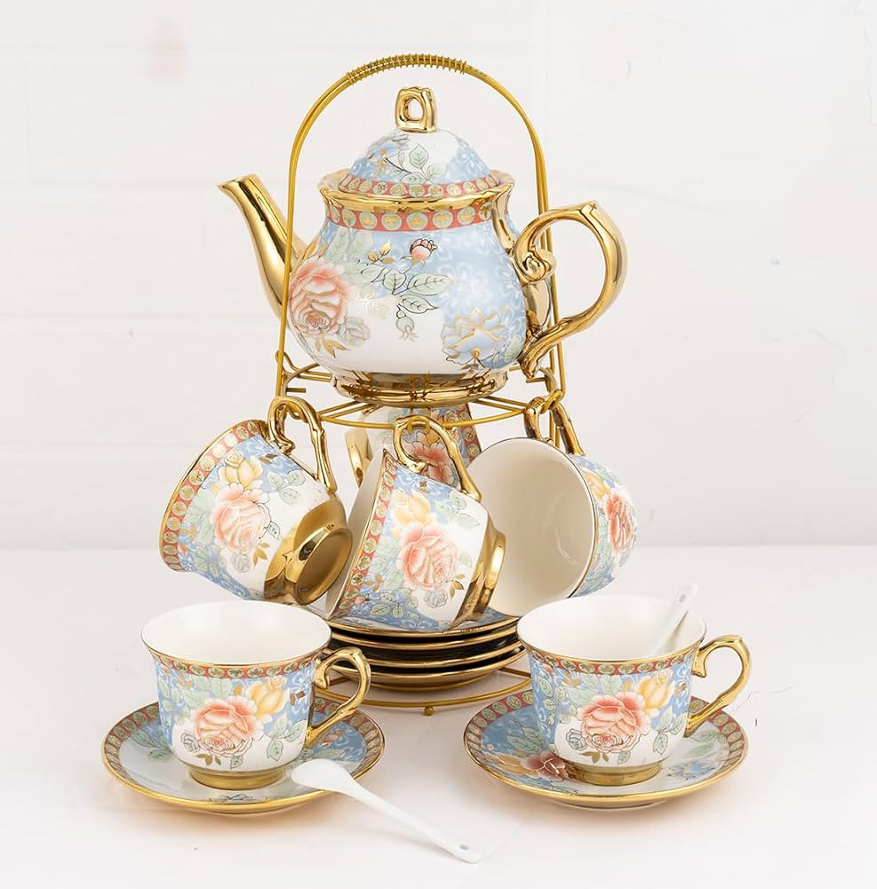 CHANJOON Gold Plated Red Rose Ceramic Tea Set, Vintage Tea Set with Teapot, Beautiful Tea Set Cof... | Amazon (US)
