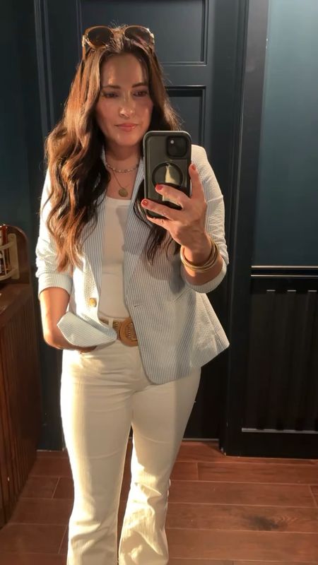Can’t say enough good things about this seersucker blazer & these $24.50 white jeans! High rise & slight flared leg make them a winner in my book.  They were a little too long for my 5’3” self, so I had to cut them.  But I don’t mind the raw hem.  

#LTKFindsUnder50 #LTKOver40