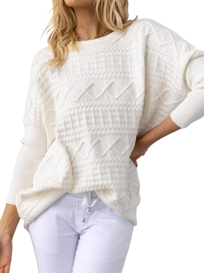 Eteviolet Womens Casual Batwing Sleeve Cable Knit Sweater Crewneck Long Sleeve Pullover Jumper To... | Amazon (US)