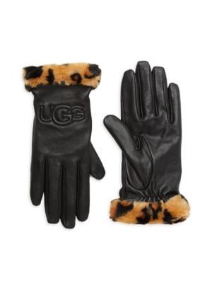 UGG Logo Leather &amp; Faux Fur Cuff Gloves on SALE | Saks OFF 5TH | Saks Fifth Avenue OFF 5TH