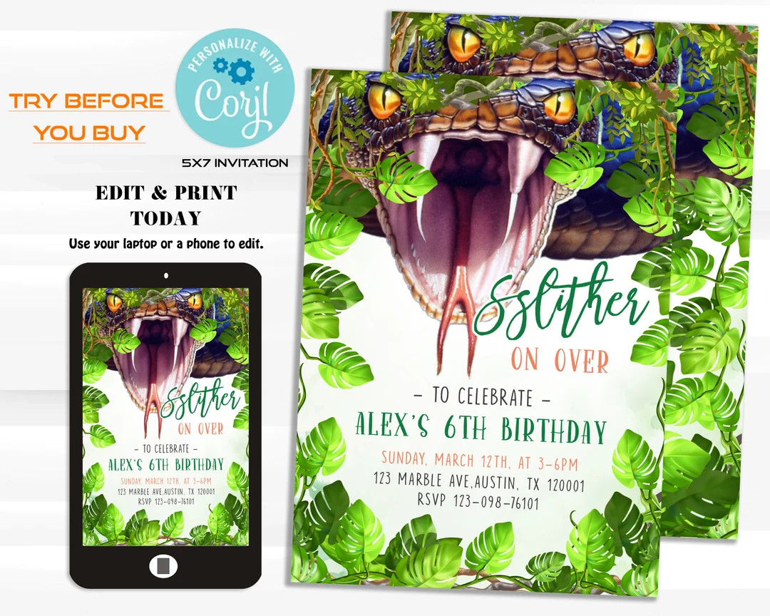 Snake Birthday Invitation, Editable Snake Invites Template, Reptile Birthday Invite, Instant Down... | Etsy (US)