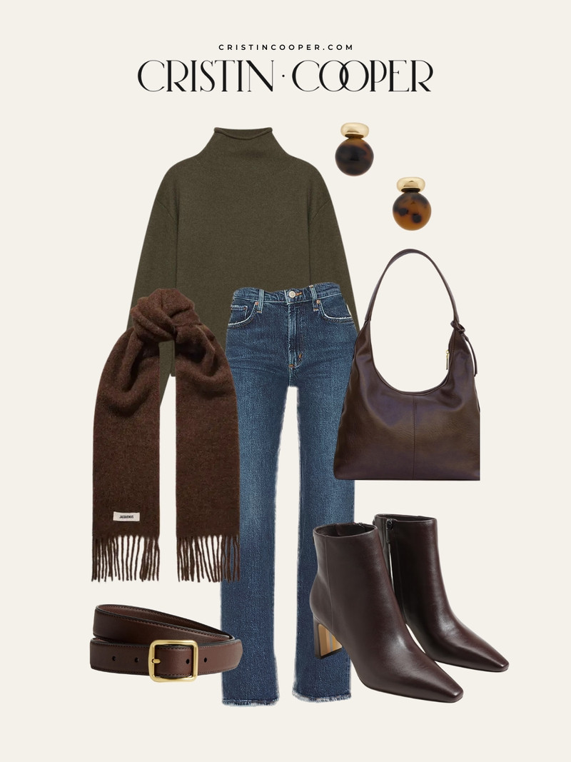 Classic fall styling with an olive turtleneck, dark denim flares, and a fringe scarf creates the perfect transitional look that works through winter. Gold hoops and a structured brown bag keep it refined without trying too hard. 

 #LTKSeasonal