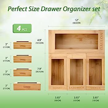 Lossey Ziplock Bag Storage Organizer for Drawer, Pack of 4 Bamboo Bag Storage Organizer Gallon Quart | Amazon (US)