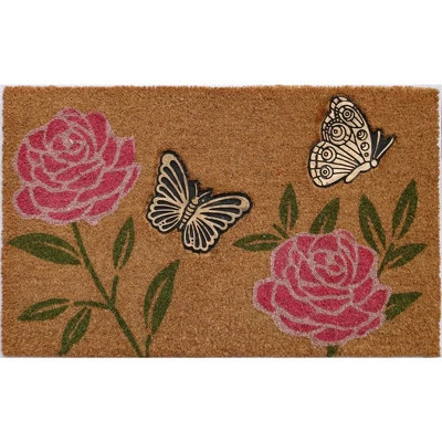 HomeRoots 18" X 30" Beige and Pink Coir Floral Outdoor Door Mat | Target