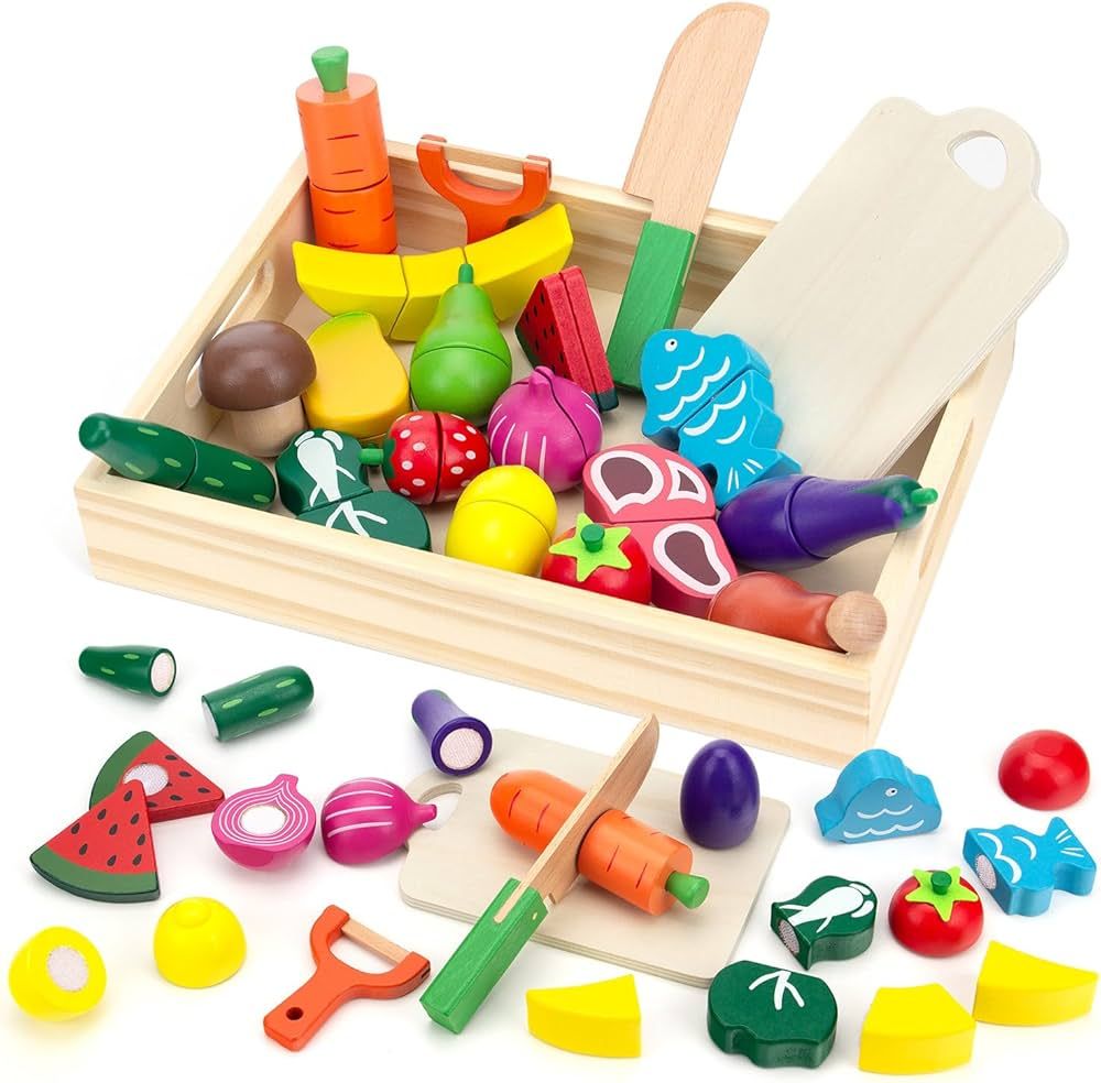 Wooden Play Food Sets for Kids Kitchen Cutting Fruits Vegetables and Meat Pretend Play Toddler To... | Amazon (US)