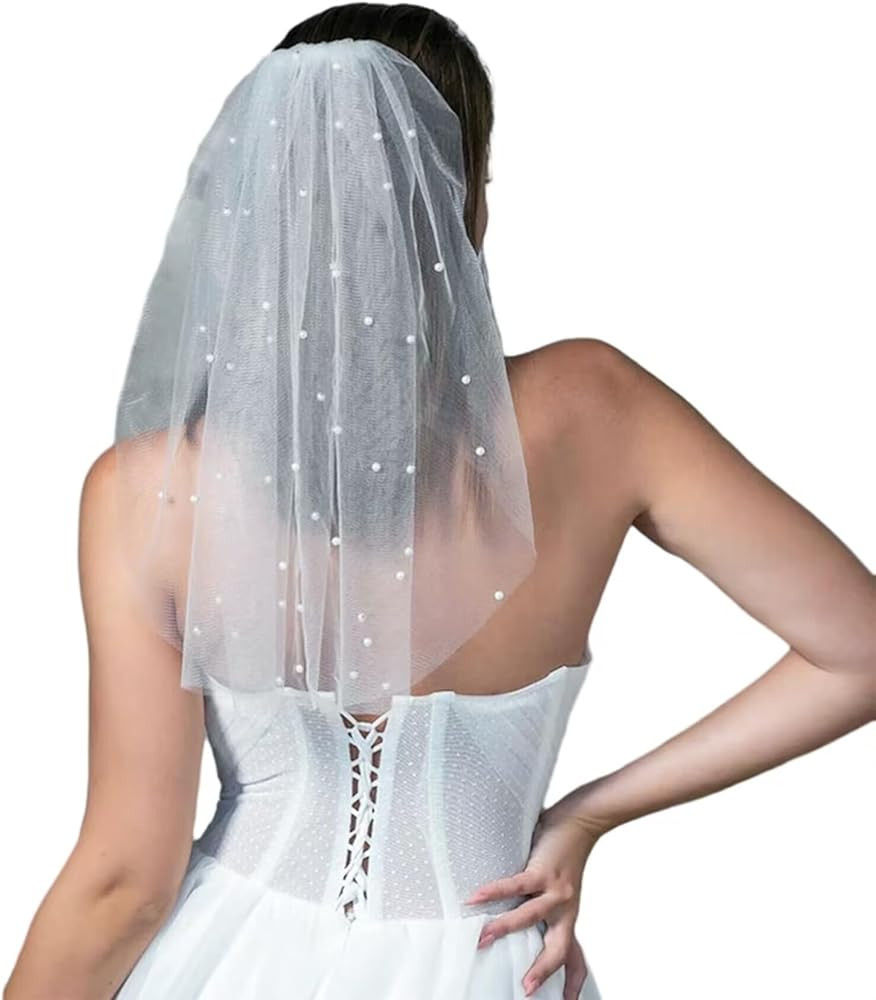Lqixun Bachelorette Party Pearl Bridal Veil Short Veil - White Veil Bride Wedding Bachelorette Pa... | Amazon (US)