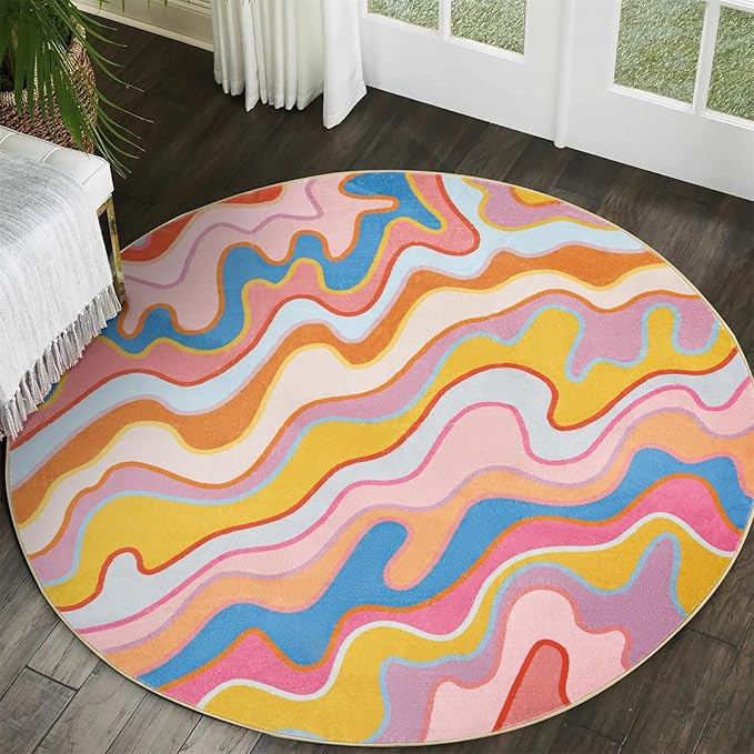 Cute Pink Blush Nursery Rug, Stain Resistant Washable 4ft Roud Throw Area Rug, Colorful Striped A... | Amazon (US)