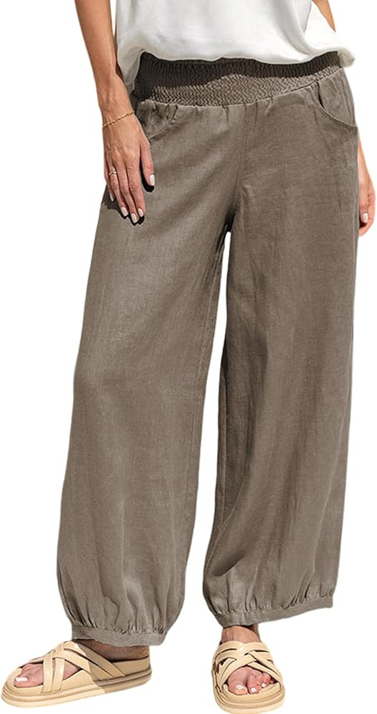 Xiaoxuemeng Womens Wide Leg Pants Cotton Linen Barrel Pants Elastic Waisted Lounge Trousers with ... | Amazon (US)