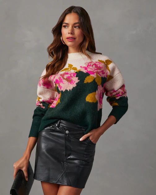 Vintage Rose Contrast Pullover Sweater - Hunter Green | VICI Collection