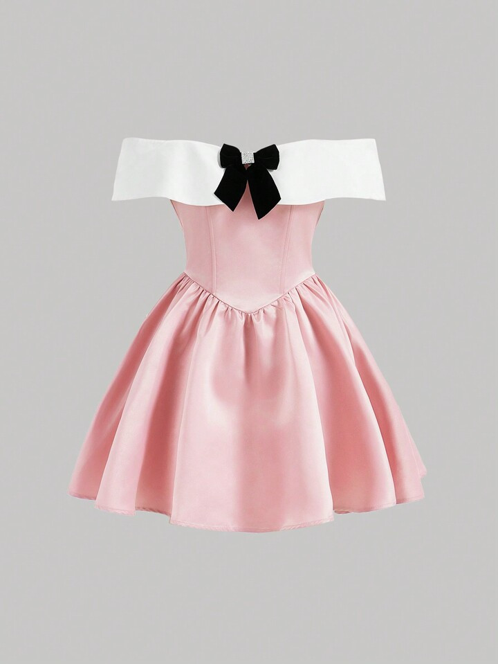 SHEIN MOD Women's Color Block A-Line Dress With Bowknot Decoration On Front | SHEIN