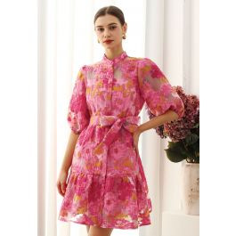Floral Jacquard Puff Sleeves Organza Buttoned Belted Dolly Dress for Garden Parties & Brunch | Chicwish