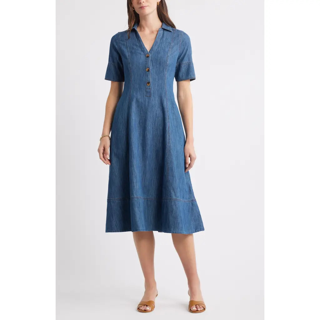 Caslon® Chambray A-Line Shirtdress in Dark Wash at Nordstrom Rack, Size Large | Nordstrom Rack