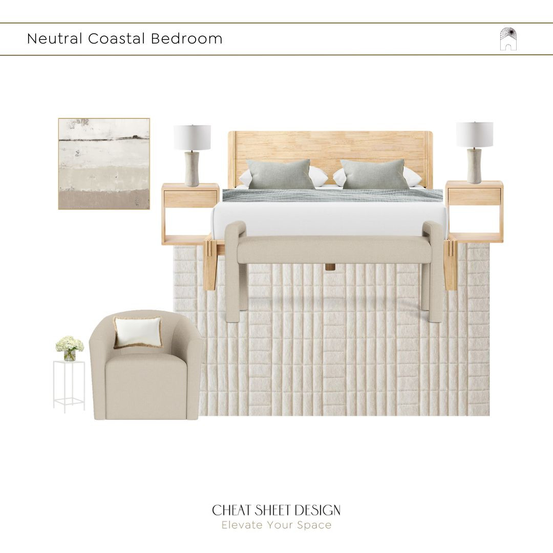 This neutral, coastal bedroom has a relaxed feel with its light wood bed and nightstands, and a comfy armchair. The textured rug and abstract painting add a modern touch, and the bench at the foot of the bed is perfect for putting on shoes before leaving. 

Swipe to the next slide for details on how to build the bedding stack.

Bench and Chair Upholstery: Dune
Bed and Nightstands: Thuma 

 #LTKHome #LTKStyleTip #LTKFamily