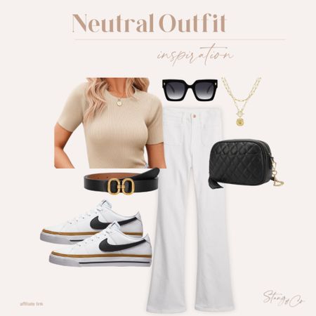 Neutral outfit inspiration includes a beige ribbed fitted tee, straight leg white jeans, a black belt, Nike Court Legacy sneakers, a crossbody bag, gold necklace, and black sunglasses.

Casual outfit, spring outfit idea, tall friendly jeans, tall friendly outfit, amazon fashion

#LTKfindsunder50 #LTKshoecrush #LTKstyletip