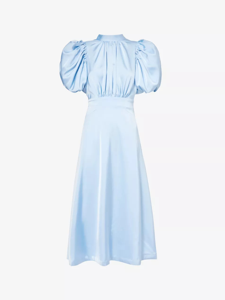 Puff-sleeve pleated satin midi dress | Selfridges