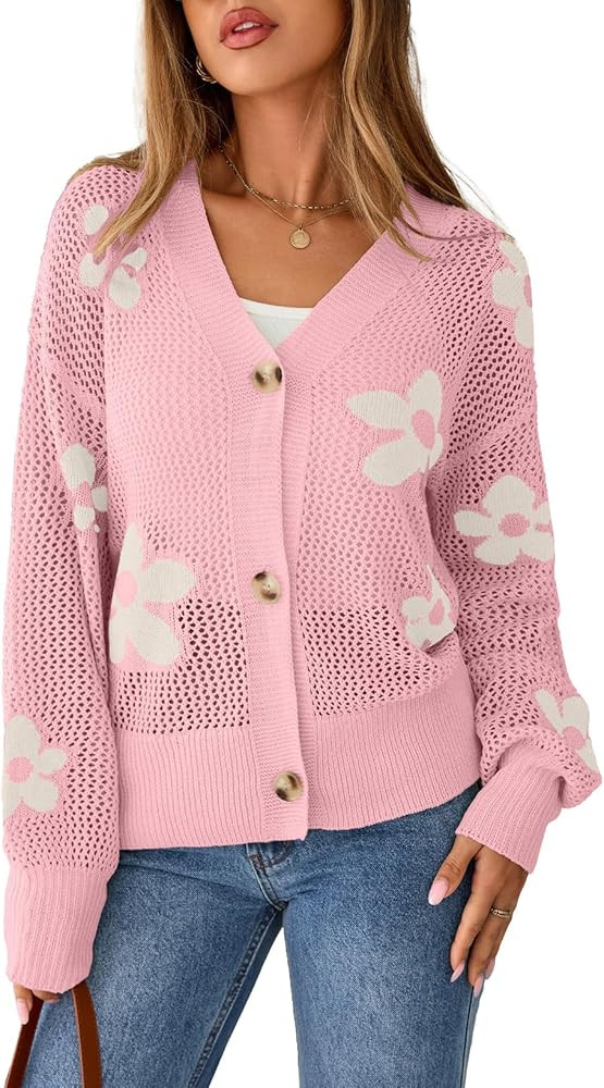 Sidefeel Cardigan for Women Crochet Knit Button See Through Lightweight Long Sleeve Sweater Tops | Amazon (US)