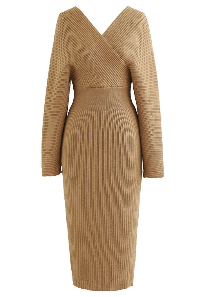 Long Sleeve Wrapped Bodycon Knit Midi Dress in Tan | Chicwish