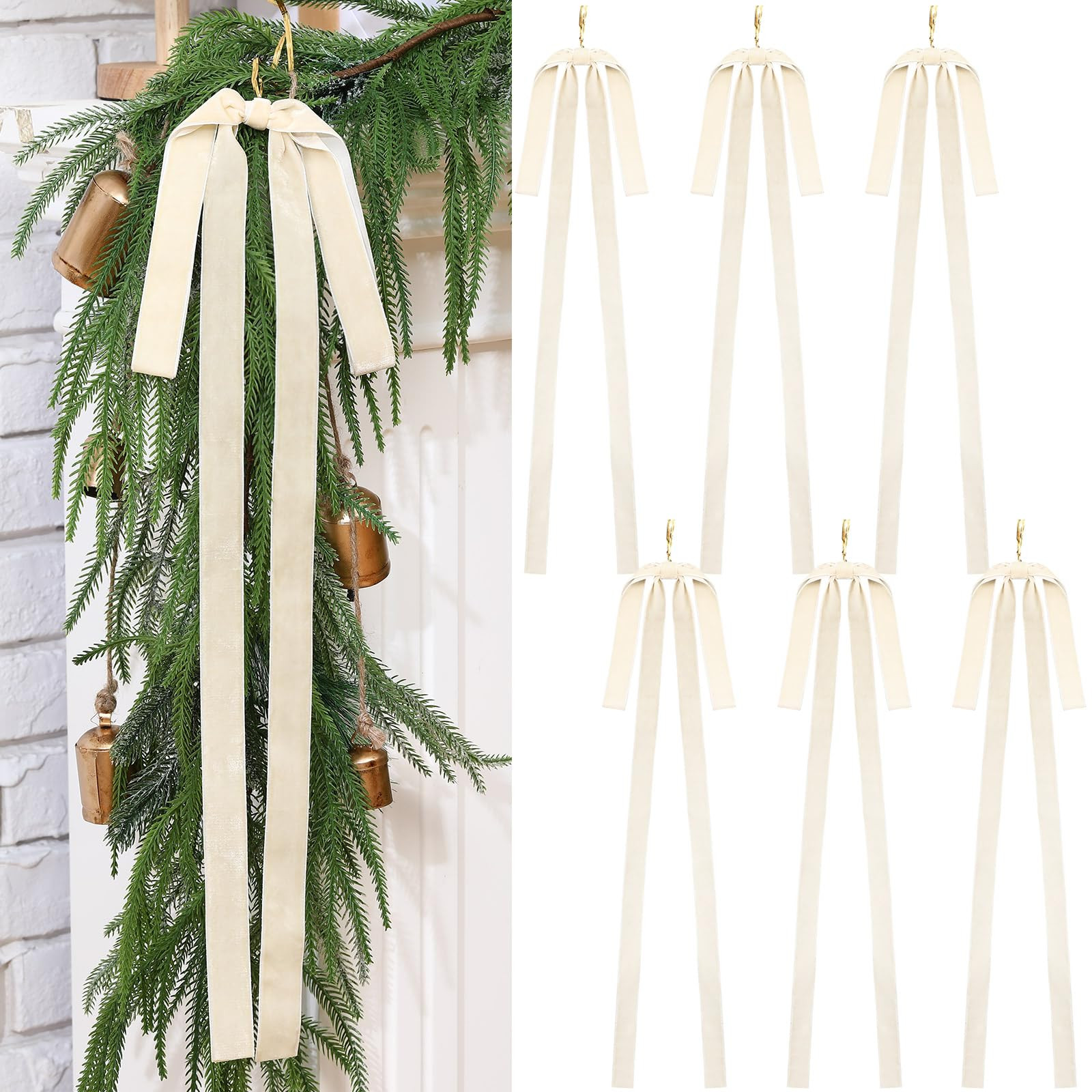 Janinka 6 Pcs Beige Velvet Ribbon Bows Christmas Tree Decorations 23.5x15.5 Inch Cream Rustic Neu... | Amazon (US)