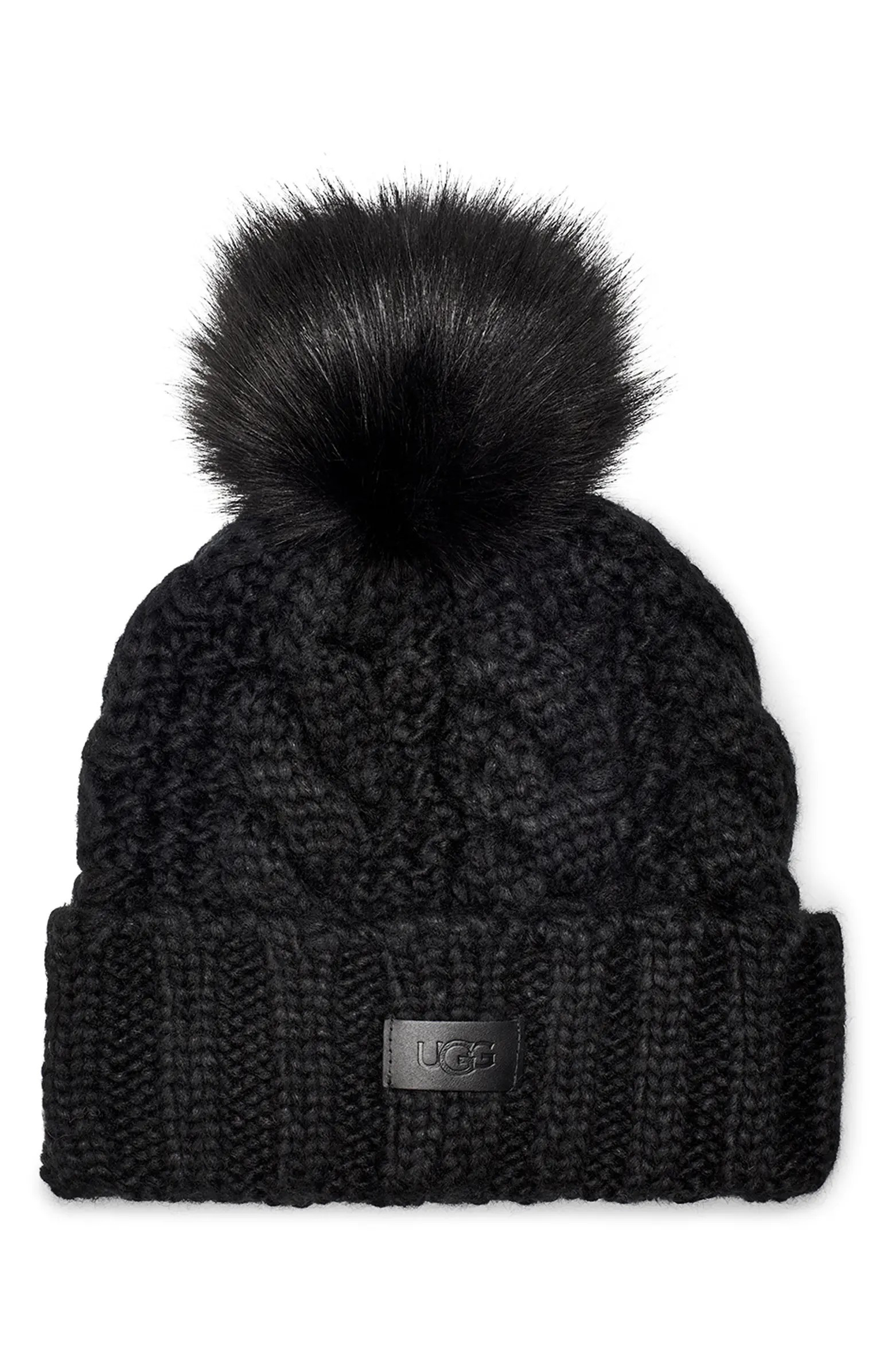 Cable Knit Beanie with Faux Fur Pom | Nordstrom