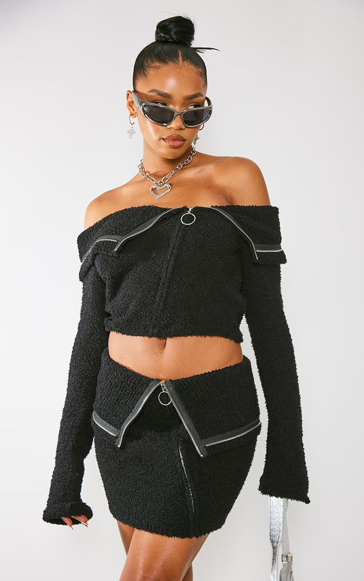 Black Fluffy Knit Fold Over Zipped Crop Jacket | PrettyLittleThing US