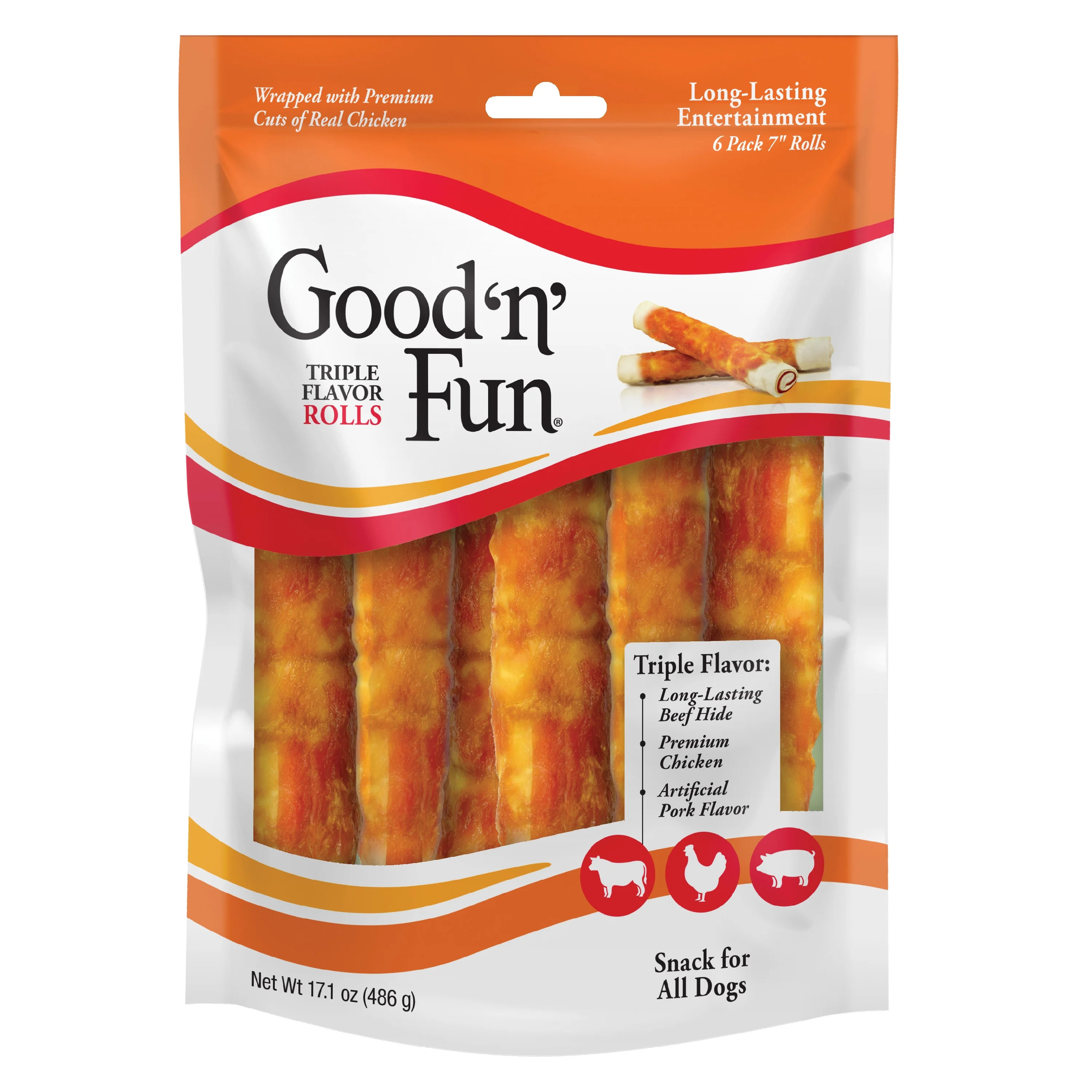 Good ’n’ Fun Triple Flavor Chews, 7 Inch Rolls, Rawhide for Dogs, 6 Count | Walmart (US)