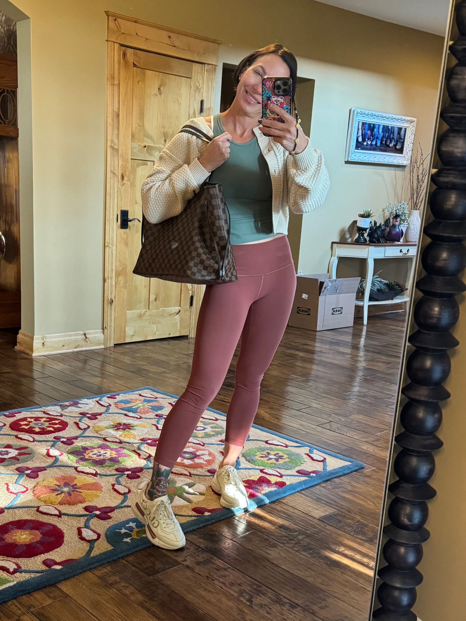 Lululemon leggings, tank top & bra- size 4. Free people cropped cardigan- size small. Gucci sneakers- size 7.5. Louis Vuitton bag. 

#LTKActive #LTKOver40 #LTKStyleTip