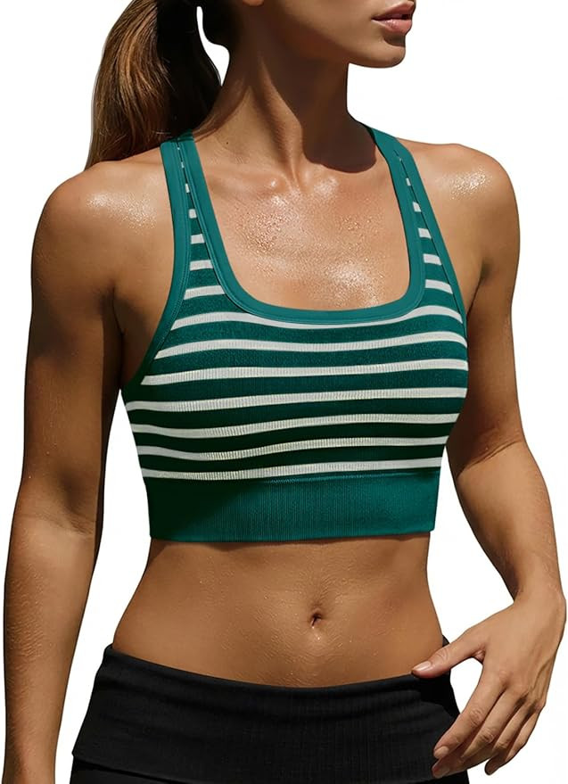 Aoysky Womens Racerback Ribbed Sports Bras Seamless Low Impact Scoop Neck Yoga Striped Cami Longl... | Amazon (US)