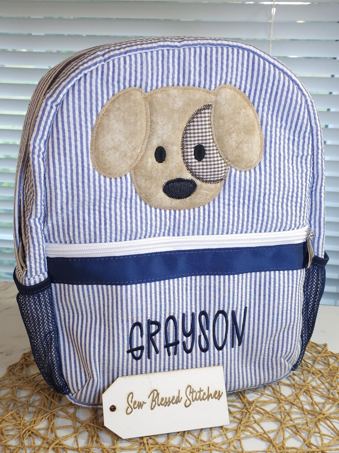 Personalized Seersucker Backpack, Boy Dog Backpack, Applique Backpack, Back to School, Boy Birthd... | Etsy (US)
