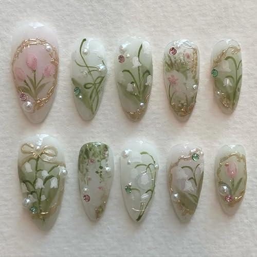 Green Press on Nails Medium Almond Fake Nails 3D Pearl Rhinestones Designs Gold French Tips Flower Acrylic Nails Glue on Nails Spring False Nails White Floral Full Cover Stick on Nails for Women Girls | Amazon (US)