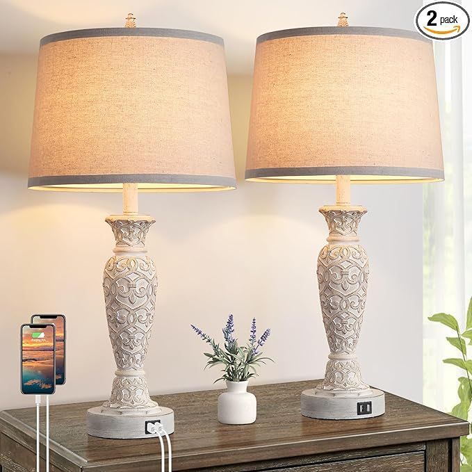 Brightever Resin Table Lamps Set of 2 with Dual USB Ports, 26-inch Tall, Vintage Farmhouse Style,... | Amazon (US)