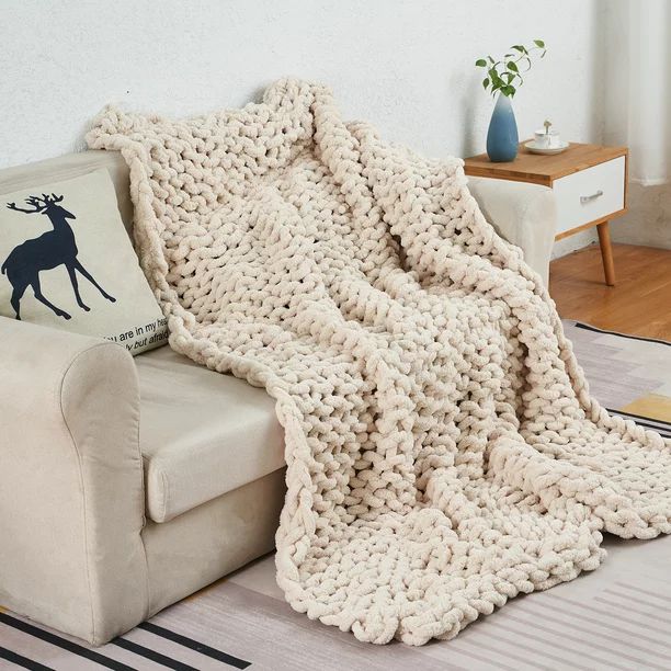 Modenna Chunky Knit Blanket Handmade Soft Warm Throws, 50"x60", Beige - Walmart.com | Walmart (US)