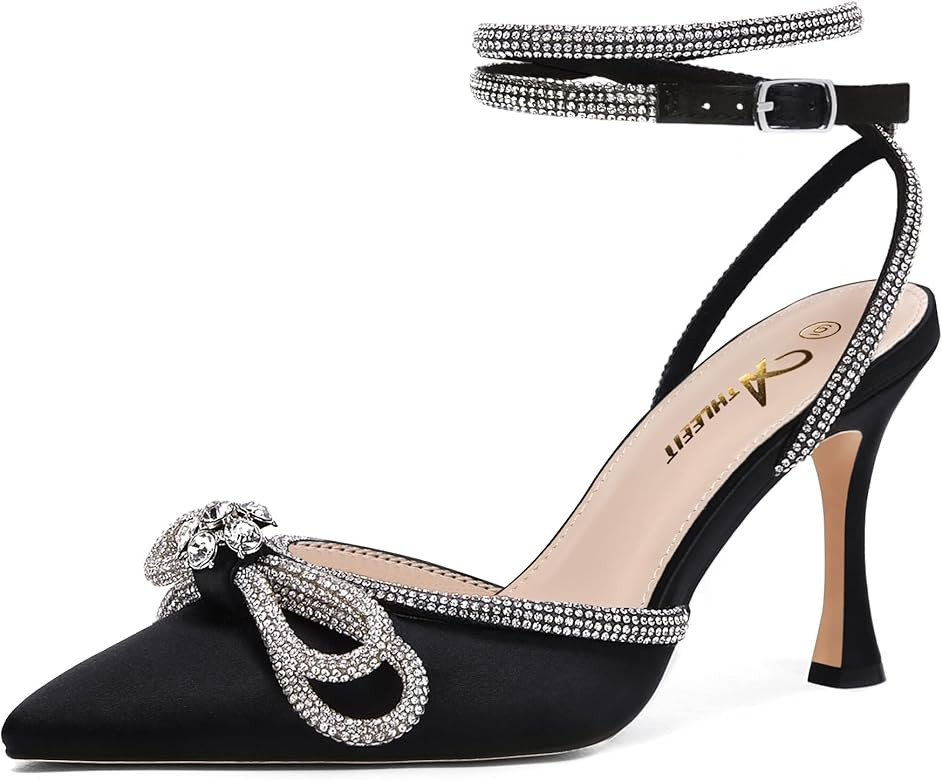 Athlefit Women's Rhinestone Bow Heels Ankle Strap Pointed Toe Stiletto Heeled Sandals Wedding Bri... | Amazon (US)