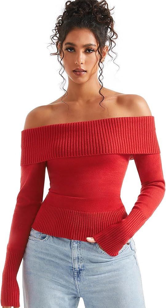 SUUKSESS Women Off Shoulder Sweaters Long Sleeve Ribbed Knit Going Out Fall Tops Blouse | Amazon (US)