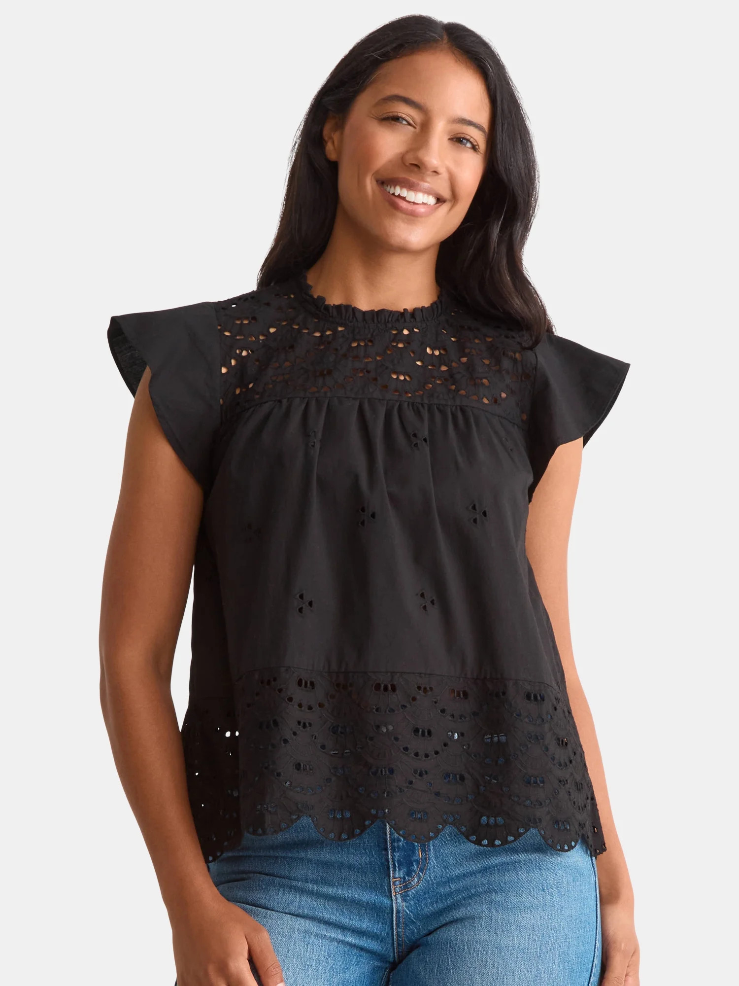 Time and Tru Women's Eyelet Top with Flutter Sleeves, Sizes XS-XXXL | Walmart (US)