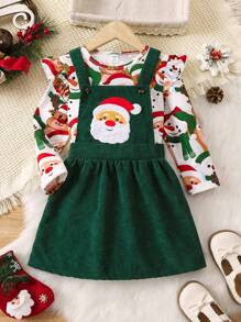 Young Girl Christmas Print Ruffle Trim Tee & Overall Dress | SHEIN