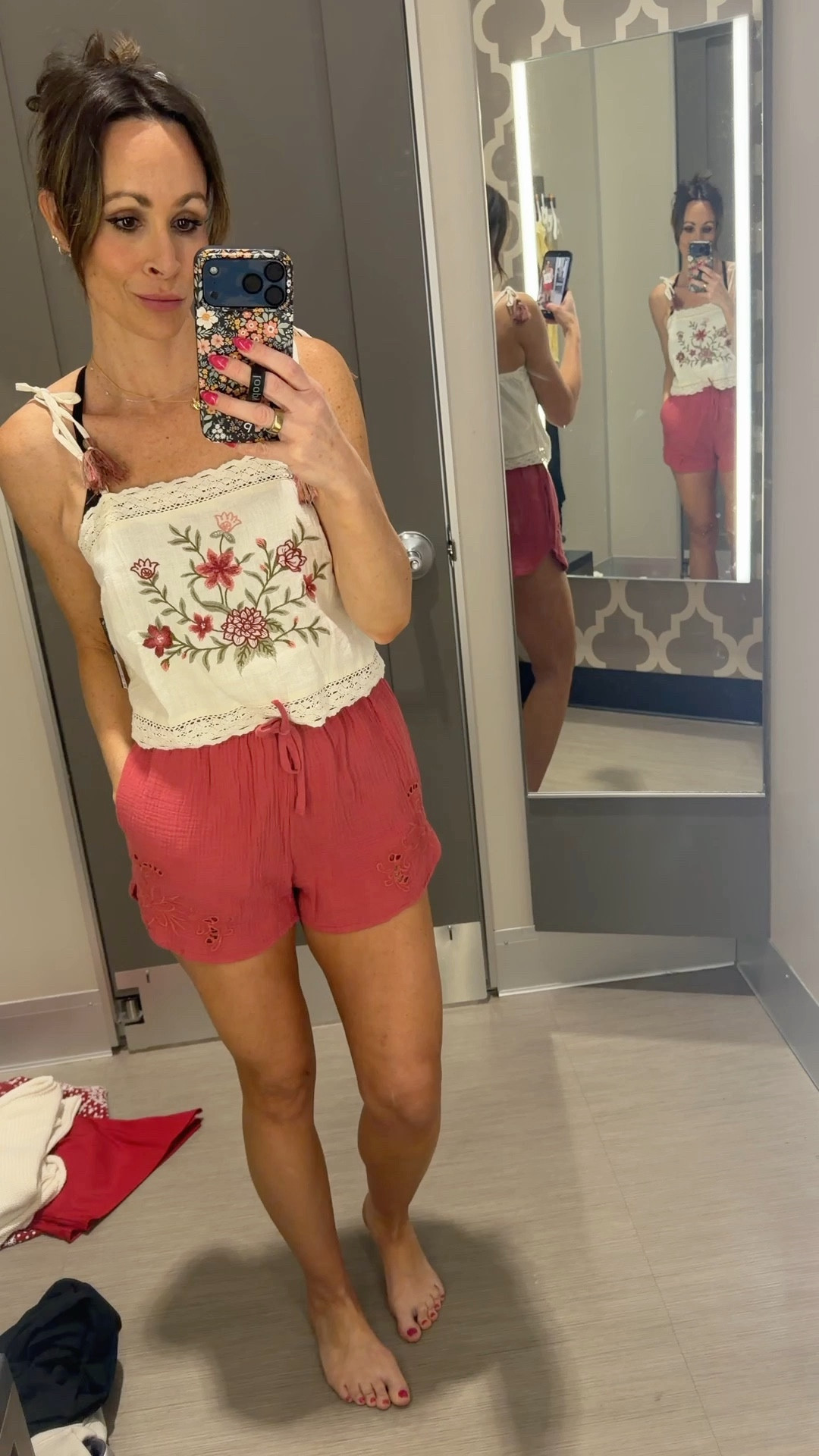 Free People look alikes are here! This tie embroidered at that you can mix and match. Shorts are gauzy and tie front, while the tie shirt is embroidered and so good. 

#LTKOver40 #LTKTravel