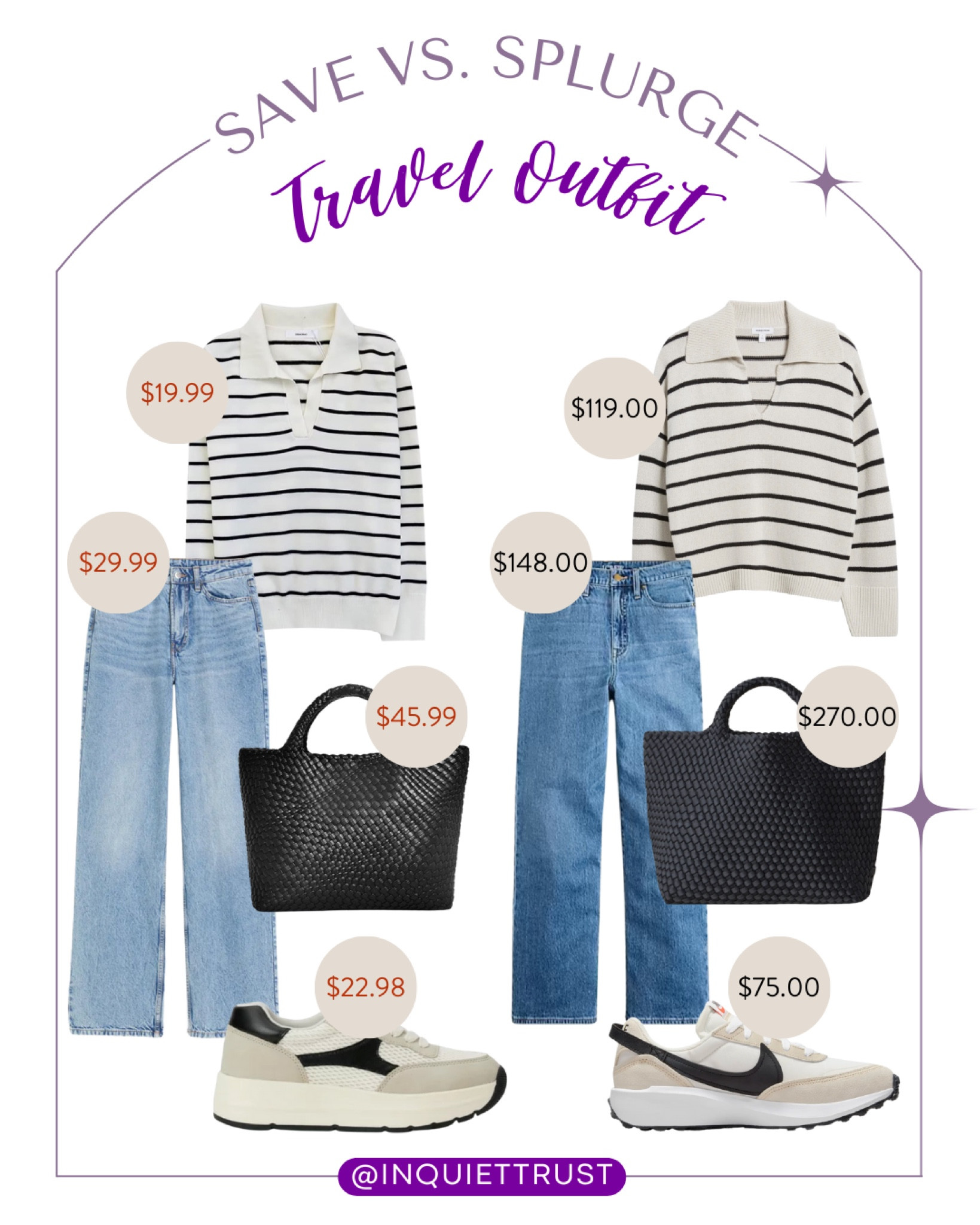 Save or Splurge on these V-neck stripes sweaters, denim jeans, neutral sneakers, and a black straw handbag!
#lookforless #afforfablefinds #vacationoutfit #casuallook

#LTKshoecrush #LTKstyletip #LTKSeasonal