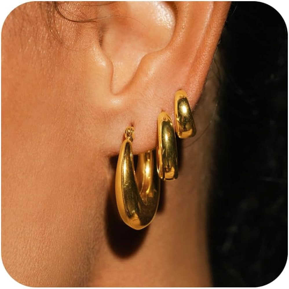 3 Pairs Chunky Gold/Silver Hoop Earrings Sets for Women 14k Gold Plated Dainty Hypoallergenic Lig... | Amazon (US)