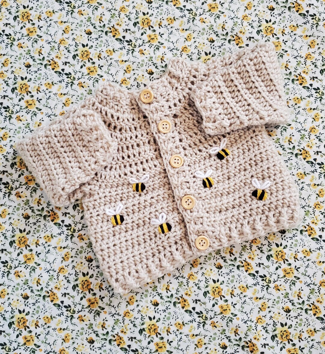 Hand Crocheted Embroidered Bumble Bee Baby Cardigan (available in many colours) | Etsy (US)