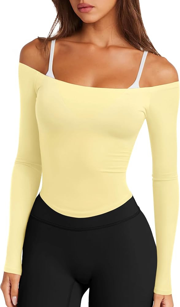 LASLULU Womens Sexy Off The Shoulder Long Sleeve Strapless Workout Crop Top | Amazon (US)