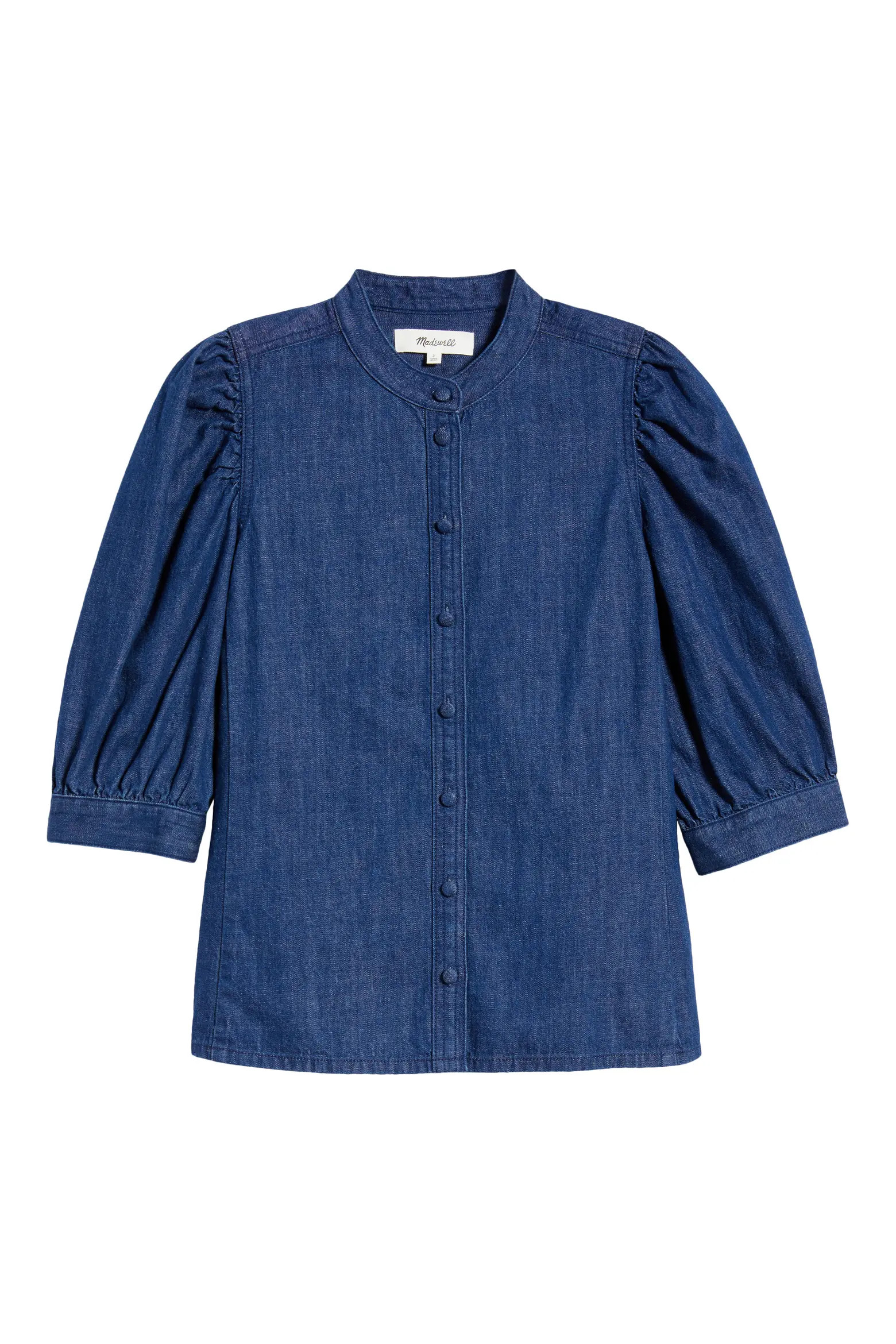 Puff Sleeve Band Collar Denim Shirt (Women) | Nordstrom | Nordstrom