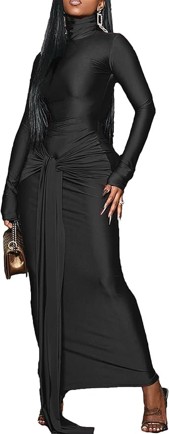 Vakkest Women's Long Sleeve Formal Maxi Dress Bodycon Elegant Ruched Tie Front Party Wedding Gues... | Amazon (US)
