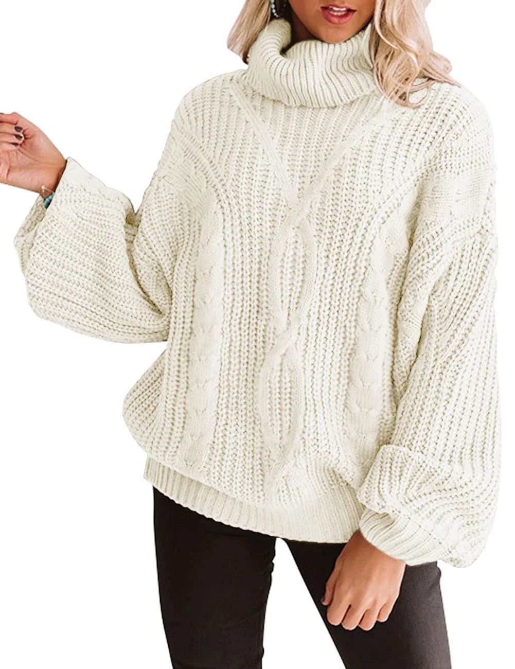 Fantaslook Turtleneck Sweater Women Chunky Cable Knit Oversized Sweaters Batwing Sleeve Pullover ... | Walmart (US)