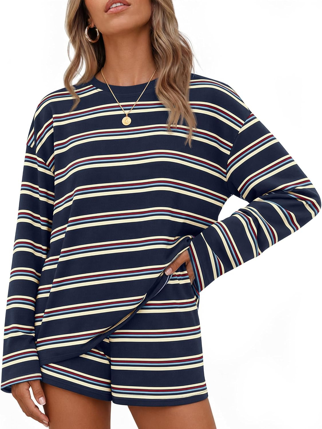 ZESICA Womens 2 Piece Striped Short Sets Fall Lounge Outfit | Amazon (US)